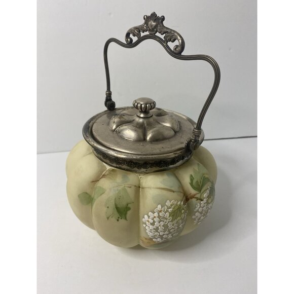 Antique Mt Washington Melon Crown Milano Glass Biscuit Cracker Jar Floral‎